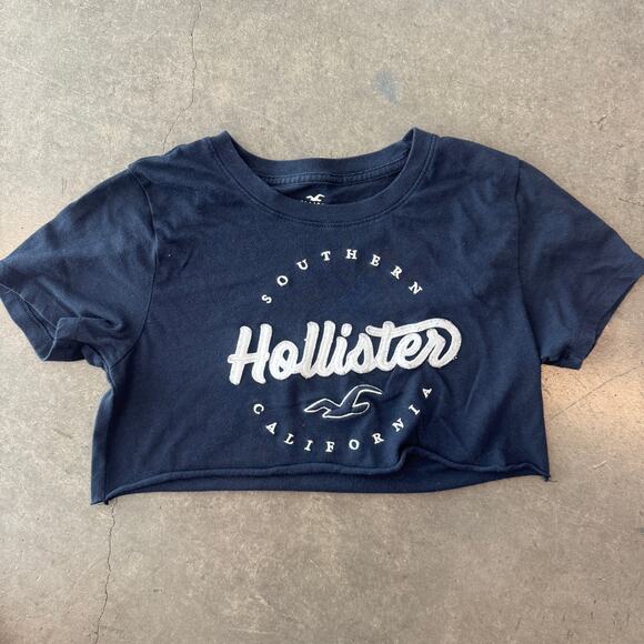 Vintage Y2k Hollister Spellout Embroidered Navy Graphic Crop Top XS - Picture 1 of 5